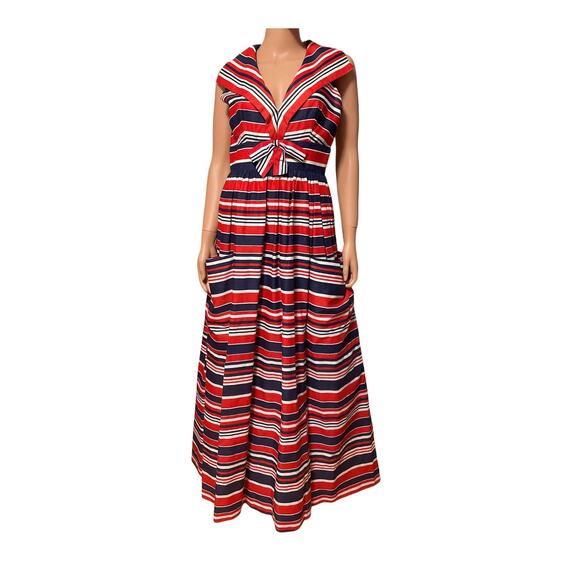 1970s Modern Couture Original Red White Blue Stripe A-Line Sleeveless Maxi Dress - Picture 1 of 9
